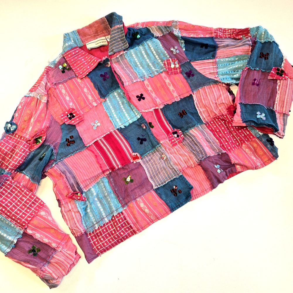 Carrie Allen Patchwork Sequined Button Down Collared Blouse Womens Size Large